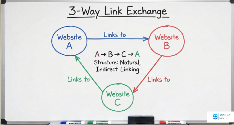A whiteboard diagram illustrating a "3-Way Link Exchange." Three circles, labeled "Website A," "Website B," and "Website C," are arranged in a triangle. A blue arrow labeled "Links to" points from Website A to Website B. A red arrow labeled "Links to" points from Website B to Website C. A green arrow labeled "Links to" points from Website C back to Website A. Text in the center reads: "A → B → C → A Structure: Natural, Indirect Linking.