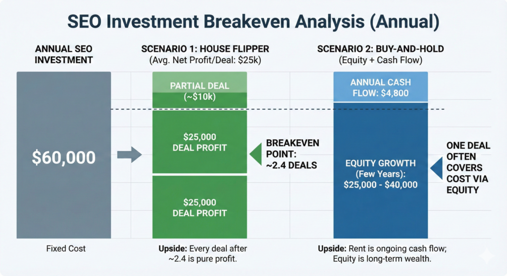 Real Estate SEO Investment Breakeven Analysis Infographic Infographic chart titled 'SEO Investment Breakeven Analysis (Annual)' illustrating a $60,000 annual fixed SEO cost compared to two real estate scenarios. Scenario 1, 'House Flipper', shows a breakeven point of approximately 2.4 deals, with an average net profit of $25,000 per deal. Scenario 2, 'Buy-and-Hold', shows that one deal often covers the cost through a combination of $4,800 annual cash flow and $25,000 to $40,000 in equity growth over a few years. The chart visually demonstrates the potential return on investment for SEO in the real estate sector.