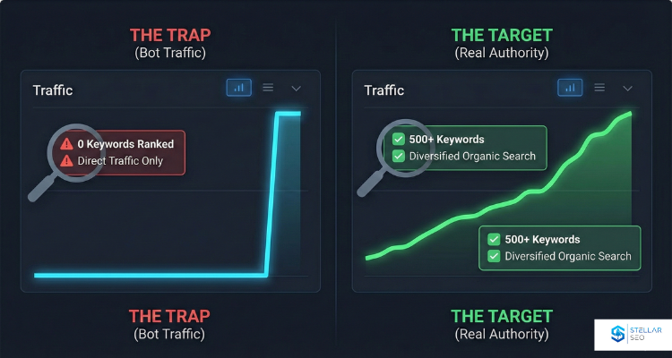 This split-screen data visualization compares a "bot traffic" trap (high traffic, no keywords) with a "real authority" target (organic growth, diversified keywords). The contrast highlights the deception of vanity metrics when trying to build relevant links