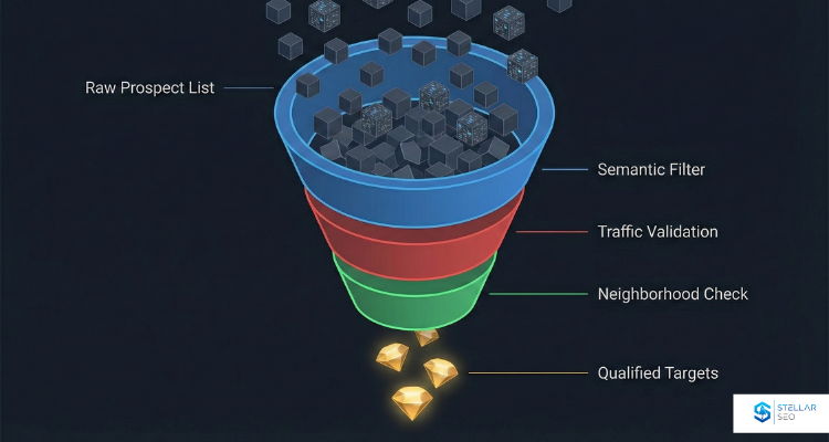 a funnel depicting the relevant backlinks screening process used by Stellar SEO