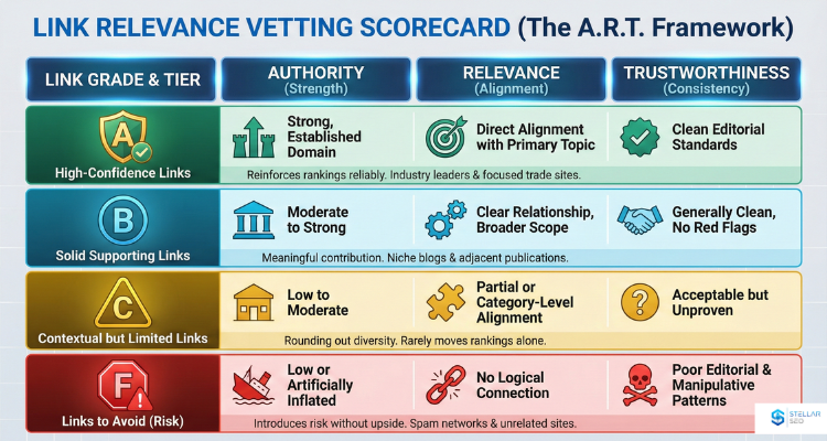 Link Relevance Vetting Scorecard (The A.R.T. Framework)" used for evaluating backlink quality. The matrix visualizes a four-tier grading system (A, B, C, and F) based on three criteria: Authority (Strength), Relevance (Alignment), and Trustworthiness (Consistency). It defines characteristics for "High-Confidence Links" (Tier A, green) down to risky "Links to Avoid" (Tier F, red).
