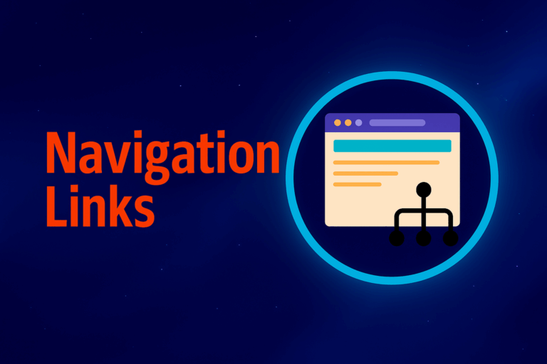 Graphic showing a website navigation menu inside a glowing blue circle on a dark gradient background, symbolizing how structured navigation links improve SEO and site authority.