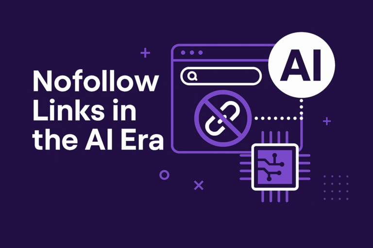 Abstract digital network graphic with purple and blue gradients representing AI-driven SEO, featuring the text “Nofollow Links in the AI Era” on a dark background.