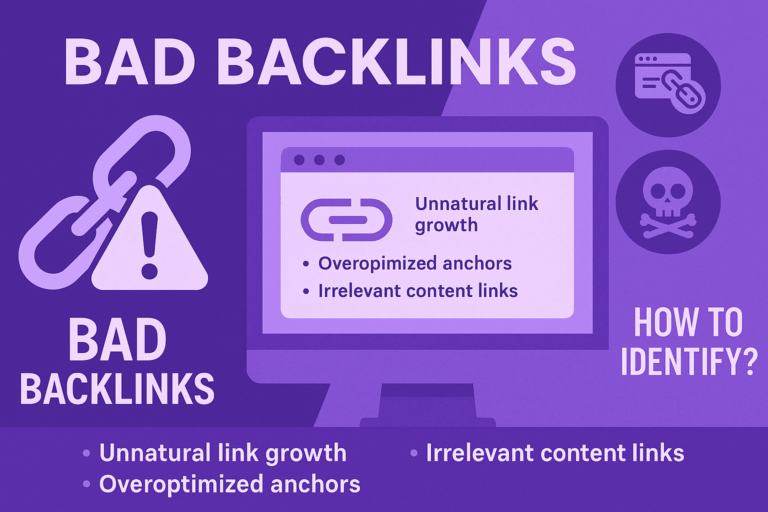 Digital illustration showing backlink cleanup and SEO optimization on a computer screen with purple tones, representing the process of removing toxic backlinks and restoring website authority.