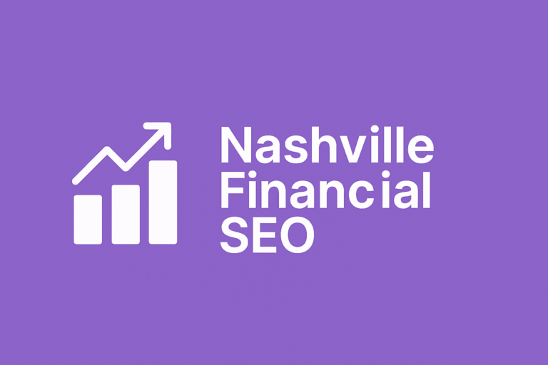 Purple banner graphic for Nashville Financial SEO services featuring a finance icon, representing Stellar SEO’s authority in technical SEO, local SEO, keyword research, and link building for Nashville financial companies.