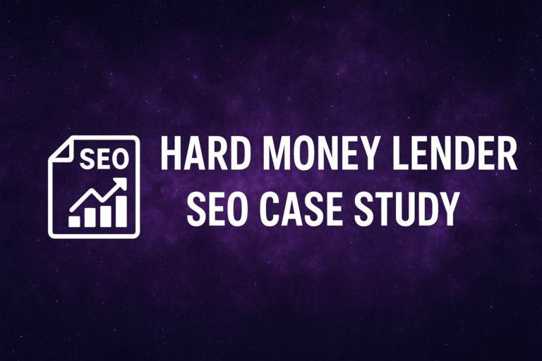 Featured image for a hard money lending business SEO case study with a purple galactic background, bold text reading “Hard Money Lender SEO Case Study,” and an SEO analytics icon.