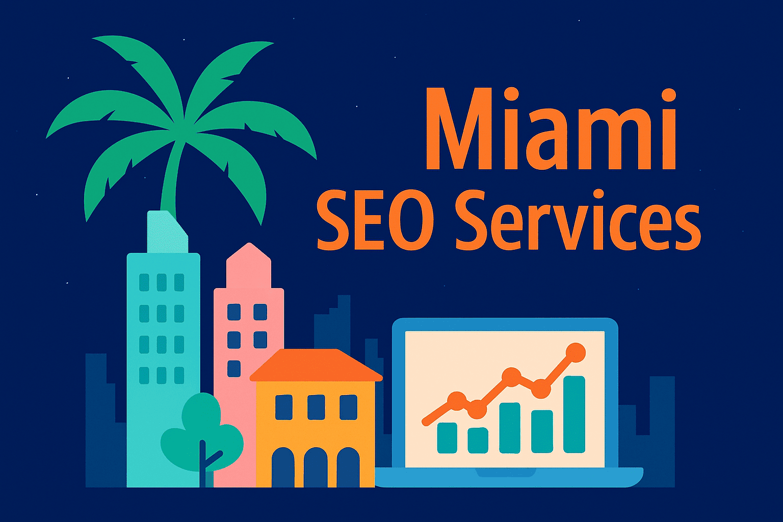 Miami SEO agency illustration showing strategic search engine optimization, authority building, and local visibility across Brickell, Coral Gables, Wynwood, and Miami Beach.