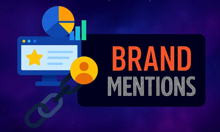 Illustration for “What Are Brand Mentions in SEO?” blog post, showing a computer screen with search interface, branded entity icons, and SEO link symbols in blue and purple tones, visually representing brand mentions, online authority, and entity-based SEO.