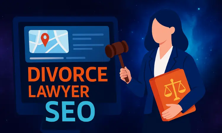 Flat-style digital illustration representing "Divorce Lawyer SEO" with a female attorney holding a gavel and legal folder, standing beside a monitor displaying a map pin icon, symbolizing local search visibility for divorce law firms.