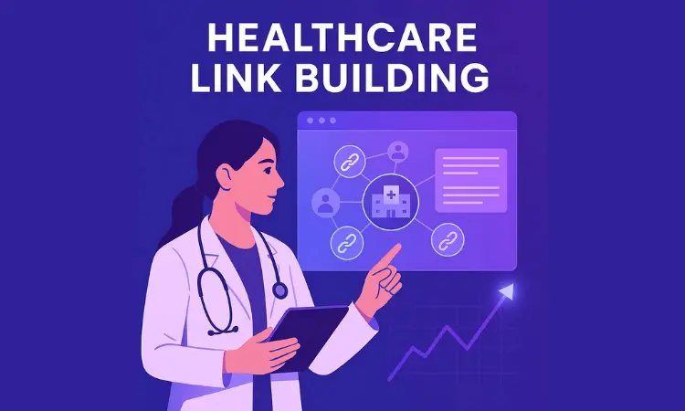 Digital illustration showing a doctor analyzing a connected web of healthcare websites and link icons on a purple background, representing healthcare link building and SEO authority.
