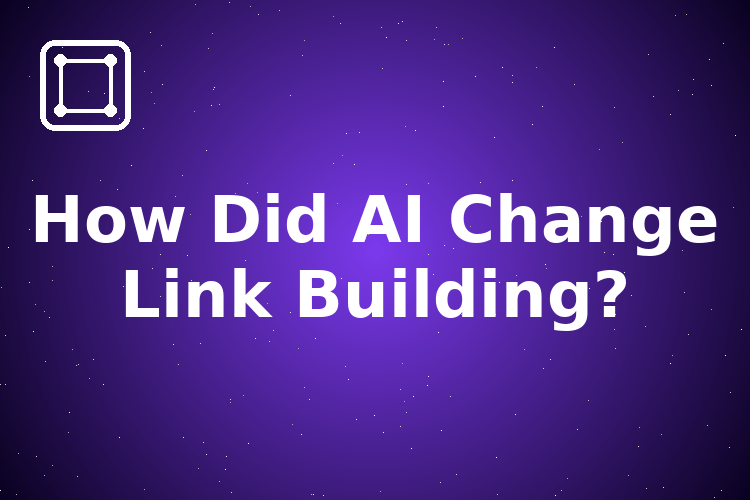 AI link building featured image with a purple galactic background, bold white text, and a small AI chip icon in the upper left.