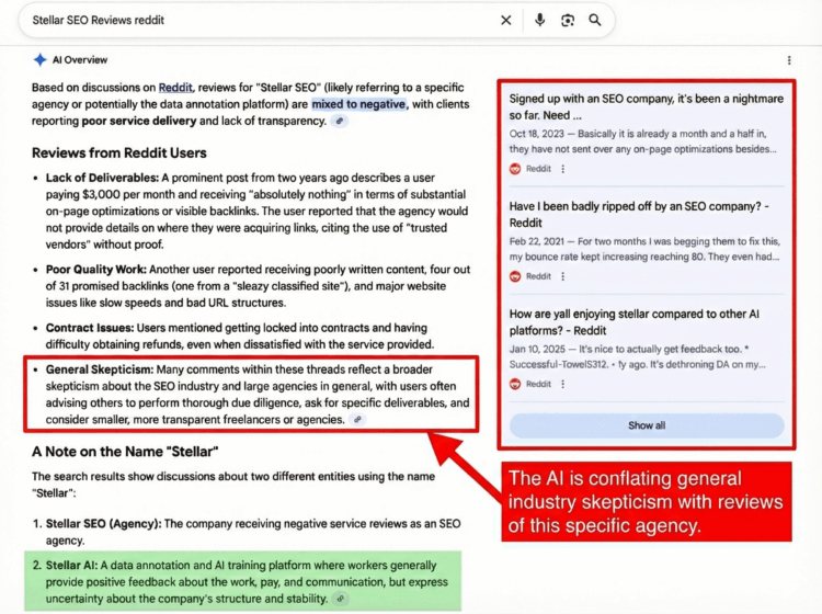 stellar-seo-reviews-reddit-ai-tokens-entities-issue Screenshot of Google search results for “Stellar SEO reviews Reddit” showing boxed examples of unrelated threads grouped into the query. Highlighted results include posts where users discuss “less than stellar results” with other agencies and references to the separate “Stellar AI” platform, demonstrating how token overlap affects searches like “Stellar SEO Reddit reviews.”
