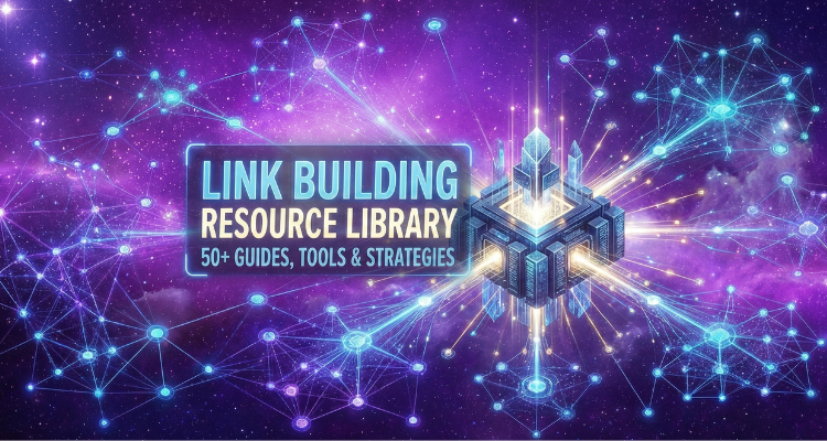 Futuristic tech graphic for Stellar SEO's "Link Building Resources Library," featuring a glowing data cube, purple galaxy background with network connections, and text "50+ Guides, Tools & Strategies.
