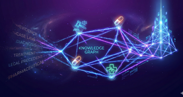 Futuristic 3D neural network on a deep purple background representing Google's Knowledge Graph. Glowing nodes connect legal and medical concepts via blue lasers, illustrating the MUVERA multi-vector retrieval system replacing old keyword strings.