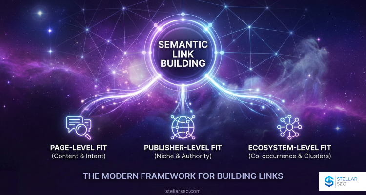 A visual framework of semantic link building showing how an AI model maps backlink nodes to identity confirmation, industry mentions, and niche authority within a Knowledge Graph.