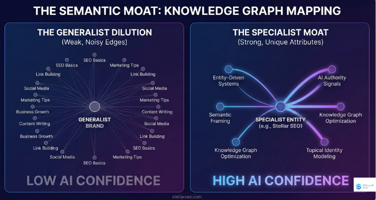 AI search ranks brands by how well their content maps to the Knowledge Graph. Learn how basic edges dilute identity, how advanced edges create authority, and how to build a semantic moat that improves AI visibility.