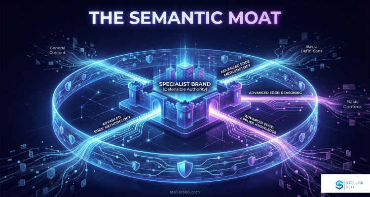 Visual diagram of the Semantic Moat framework, illustrating how advanced Knowledge Graph edges protect authority sites from being classified as generalist content in AI search results.