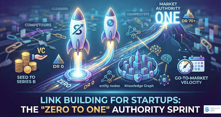 A strategic illustration showing a funded startup rocket bridging the gap from "DR 0" to "Market Authority," visualizing the "Zero to One" link building process for startups.