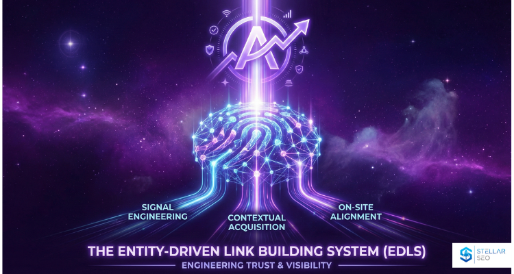 A conceptual visualization of the Entity-Driven Link Building System (EDLS), (Stellar SEO's proprietary link building framework) featuring a glowing digital fingerprint composed of interconnected authority nodes and signals within the Google Knowledge Graph.