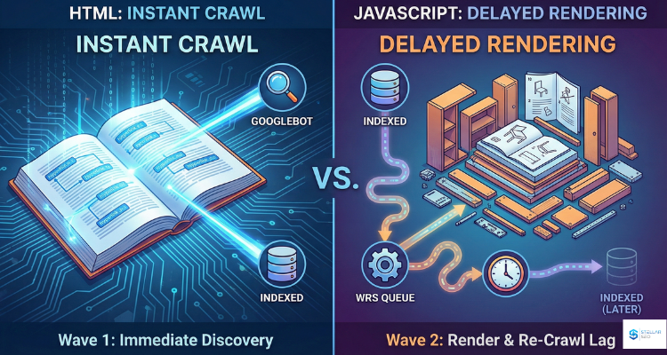 A split-screen diagram illustrating Google's two-wave indexing process, comparing immediate HTML discovery (represented as a printed book) versus delayed JavaScript rendering (represented as unassembled IKEA furniture in a queue).