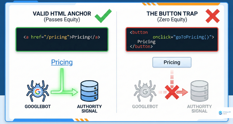 A technical comparison diagram showing a valid HTML anchor tag successfully passing authority signals to Googlebot, contrasted with an invalid JavaScript "button trap" (onClick event) that passes zero equity.