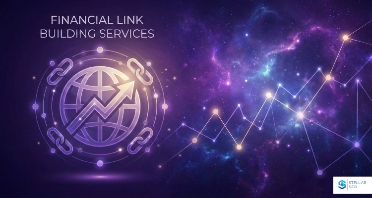 A professional illustration representing financial link building services, featuring a secure global network and growth charts set against a deep purple background.