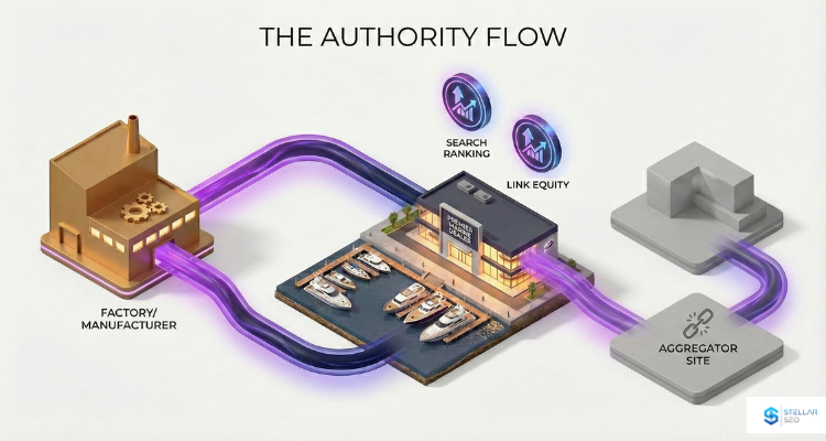An isometric 3D data visualization graphic on a white background titled "THE AUTHORITY FLOW." On the left, a golden, industrial-style building labeled "FACTORY/MANUFACTURER" is connected by a thick, glowing purple pipe representing data flow to a modern, well-lit marina dealership building in the center labeled "PREMIER MARINE DEALER," which has several luxury boats docked. Floating above the dealer are two circular icons with upward-trending graphs and arrows, labeled "SEARCH RANKING" and "LINK EQUITY." To the right, a plain gray platform labeled "AGGREGATOR SITE" is shown with a broken chain icon, completely disconnected from the purple flow pipe, illustrating the strategy of bypassing aggregators to pass authority directly from the manufacturer to the dealer.