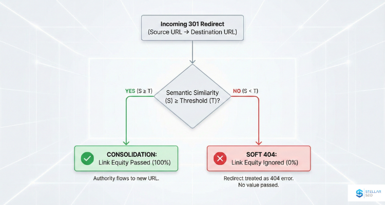 Flowchart illustrating Google's "Soft 404" decision logic for 301 redirects. The diagram shows that if the Semantic Similarity (S) between the old and new page is below the Threshold (T), the Effective Link Equity (E) drops to 0%, regardless of the status code.