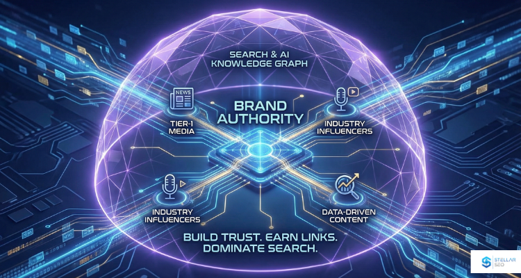 A network diagram showing (Google Knowledge Graph's interpretation of) a brand entity connected to authority publications, industry leaders, and key topics to establish topical authority.