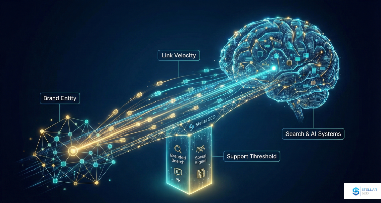 A conceptual diagram showing the connection between a brand entity, link velocity signals, and AI systems, supported by a foundation of branded search and social signals labeled as the Support Threshold.