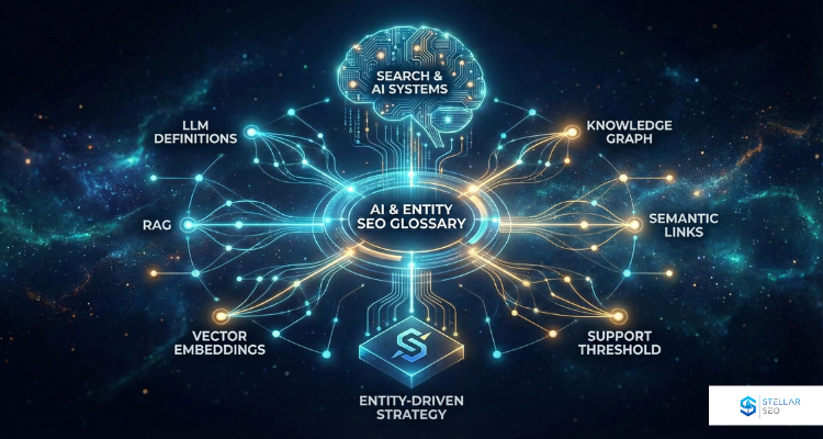 A conceptual diagram illustrating the relationship between a brand entity, link velocity, and AI systems, with a foundational Support Threshold block containing branded search and social signals.