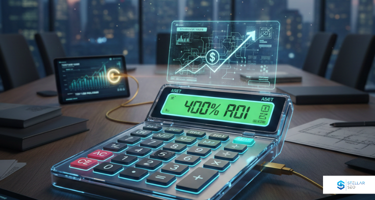 A financial calculator displaying 400% ROI on a modern boardroom table, representing the Stellar SEO link building underwriting model and authority gap analysis.