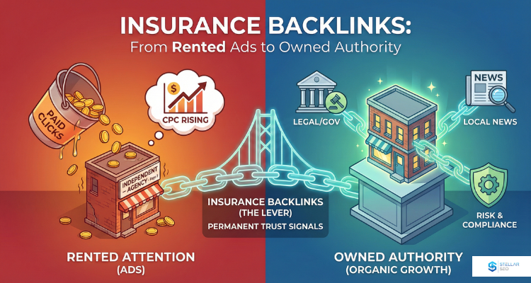 Infographic illustration titled 'INSURANCE BACKLINKS: From Rented Ads to Owned Authority'. The left red panel shows a leaking bucket labeled 'PAID CLICKS' pouring money into a small 'Independent Agency - Page 2' building under a cloud marked 'CPC RISING'. Text below reads 'RENTED ATTENTION (ADS)'. A central chain bridge labeled 'INSURANCE BACKLINKS (THE LEVER)' connects to the right blue panel. The right panel shows a large, glowing agency building on a pedestal, connected by chain links to icons labeled 'LEGAL/GOV', 'LOCAL NEWS', and 'RISK & COMPLIANCE'. Text below reads 'OWNED AUTHORITY (ORGANIC GROWTH)'.