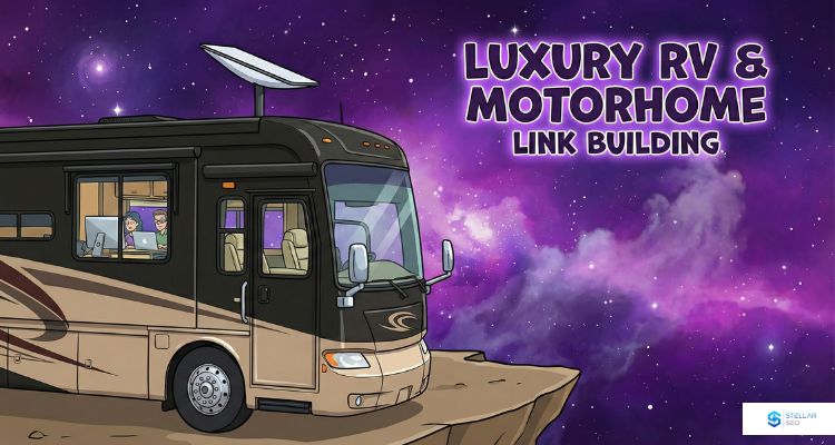 A cartoon-style luxury Class A motorhome traveling through a vibrant purple galactic space background as the featured image for Stellar SEO's RV dealer link building guide