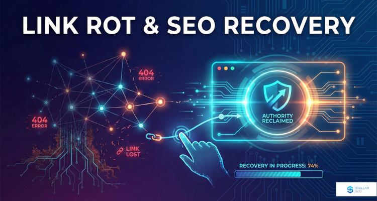 A conceptual illustration showing a digital network with broken connections (link rot) being repaired to restore search engine authority.